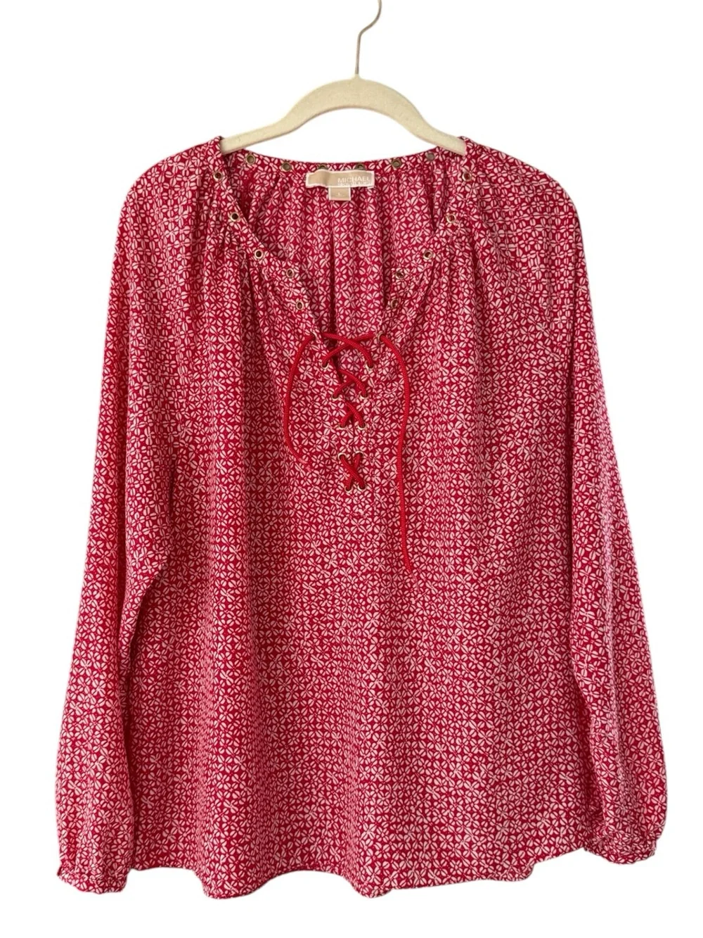 Michael Kors Women’s Red Floral Lace-Up Peasant Top Size L Flowy Casual Rivets
